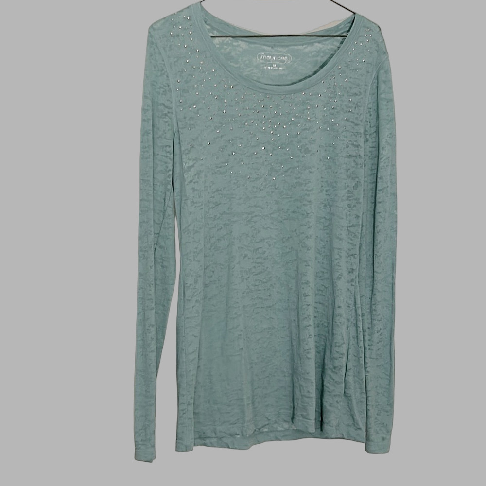 Metal Stud Top Long Sleeve Scoop Neck Top Size Green Size Medium